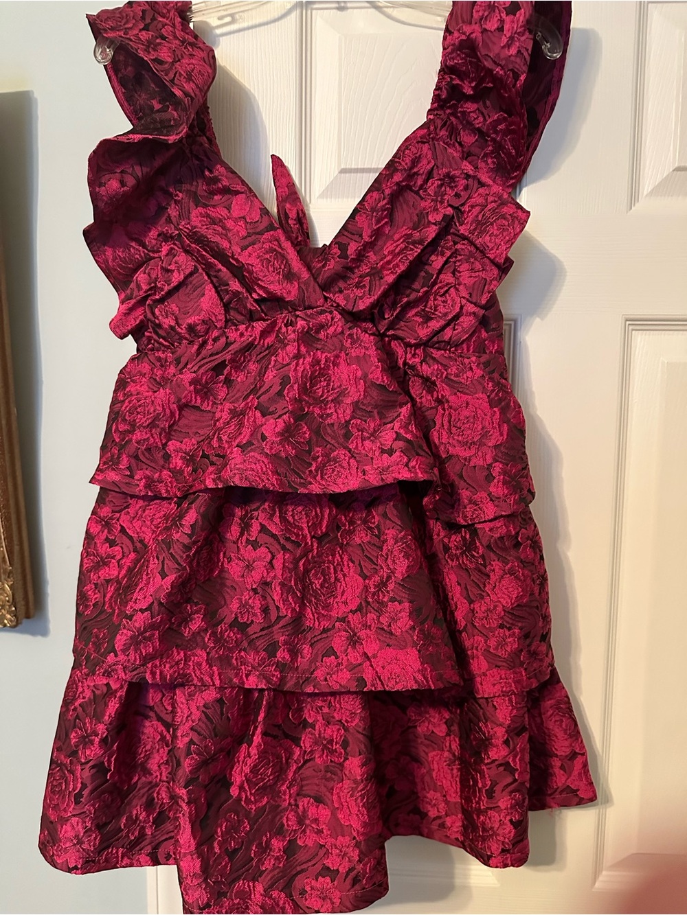 Ruffled Floral Jacquard Prom Dress in Deep Fuchsia